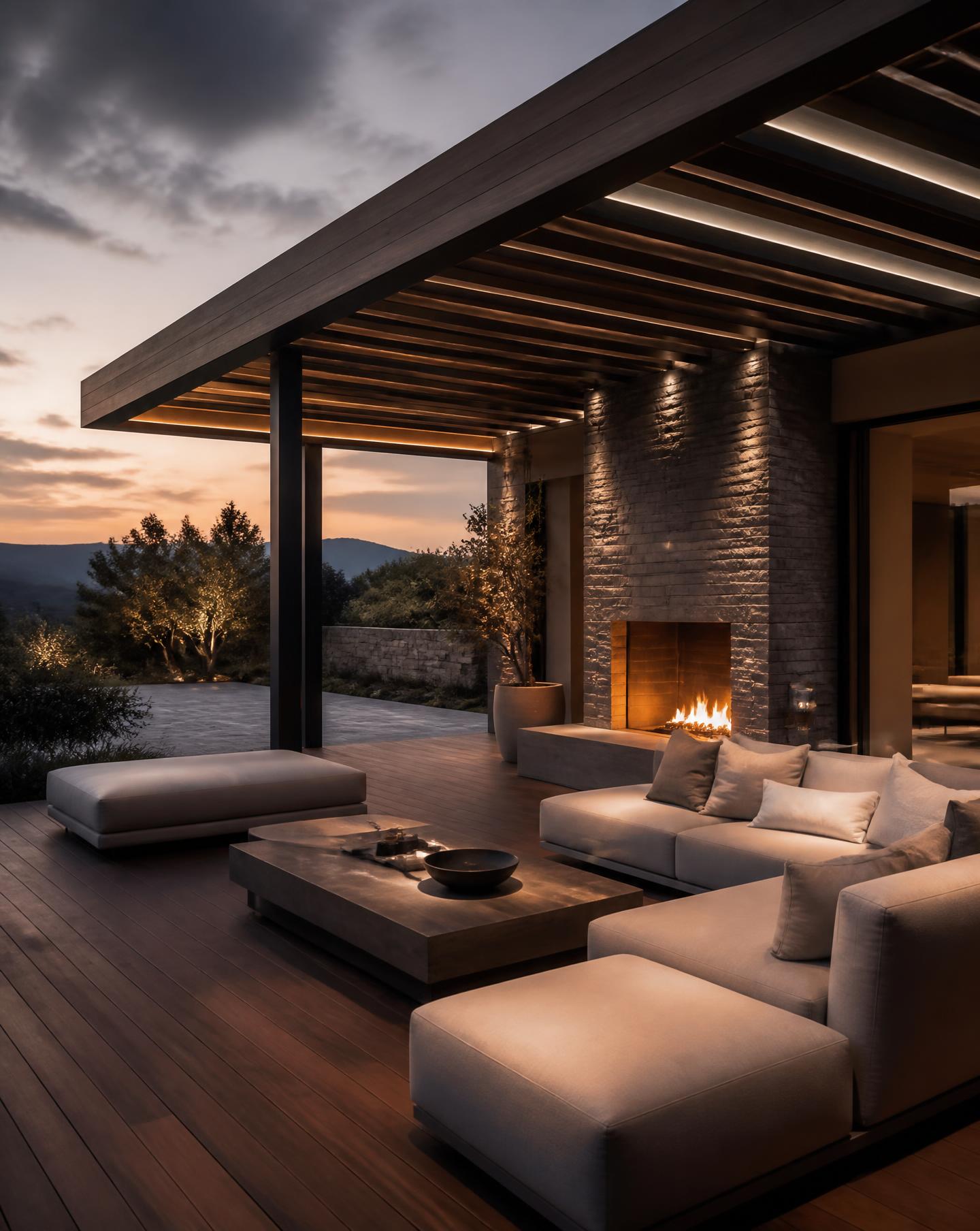 Covered outdoor living room with a stone fireplace at dusk